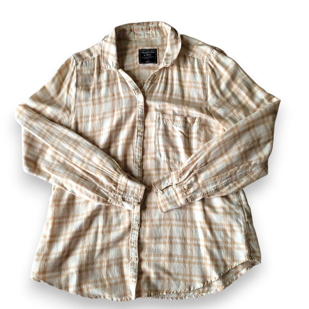 Abercrombie & Fitch Women's Plaid Button Up Shirt Size L Cream Tan Cotton